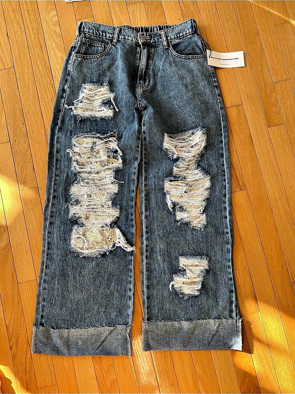 Show Em You Shine Jeans Wide Leg Distressed Jeans in Blue Size Medium